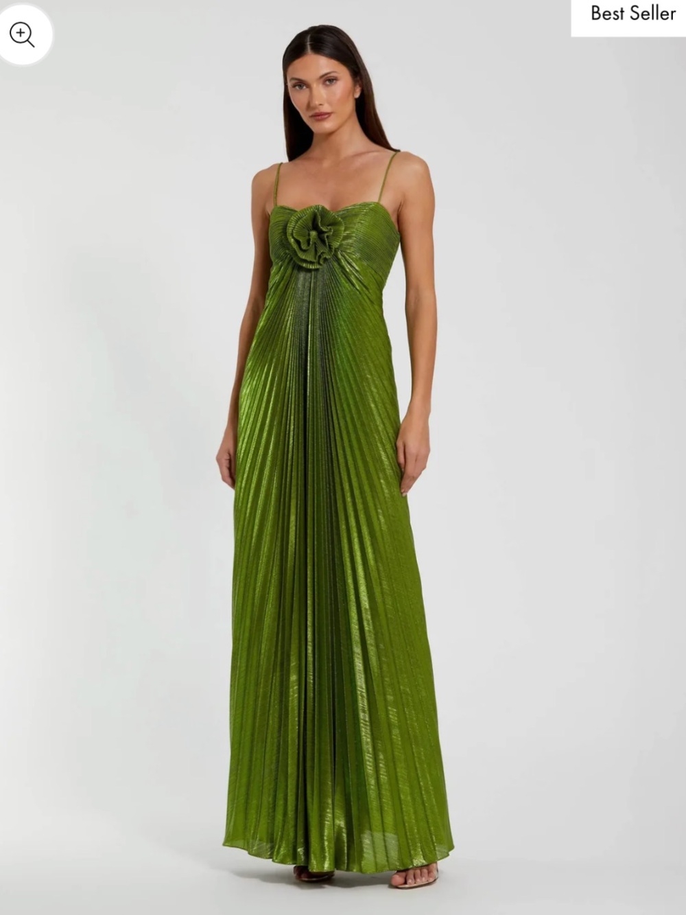 Mac Duggal 💚 Green Metallic Pleated Gown With 3D Flower